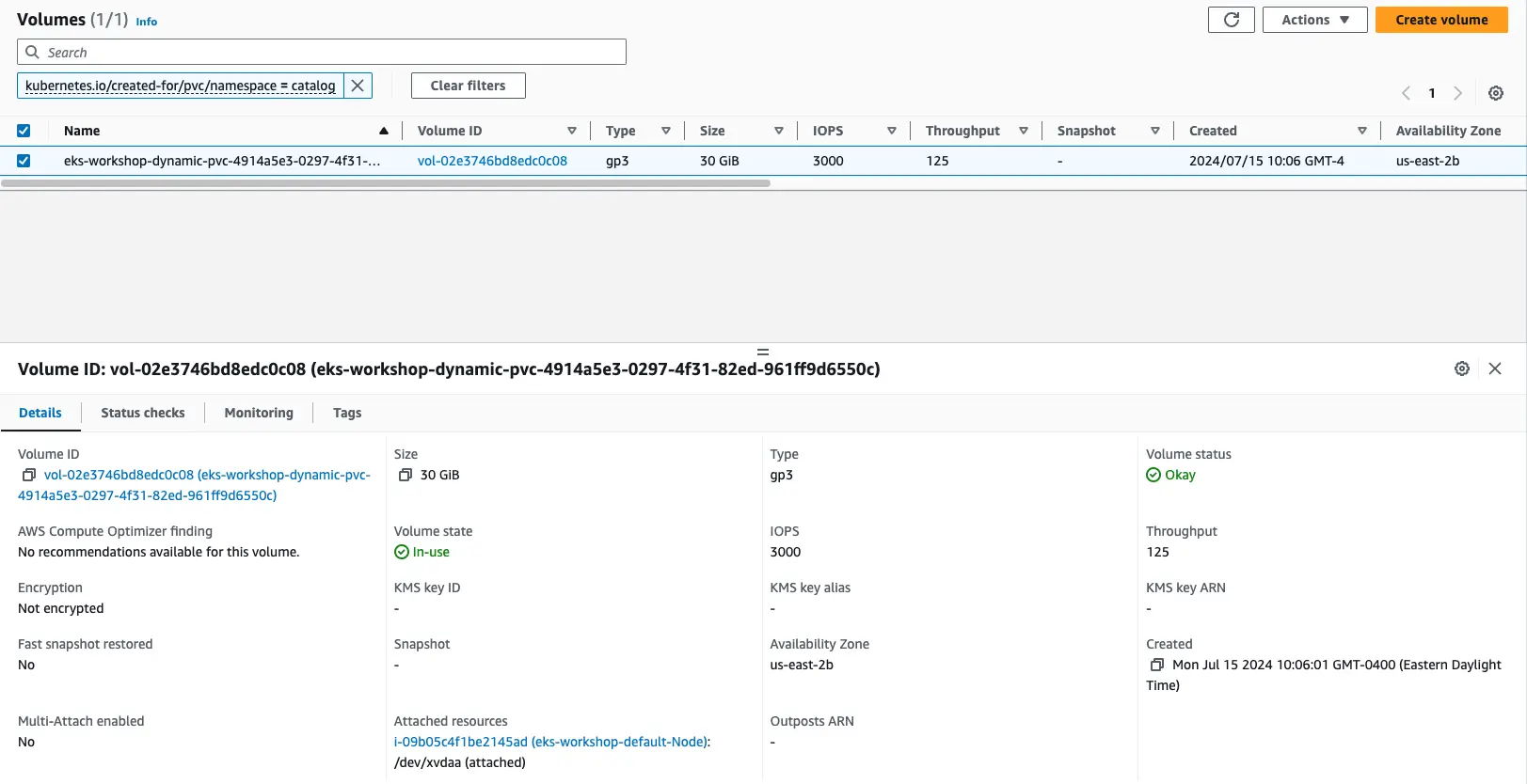 EBS Volume AWS Console Screenshot